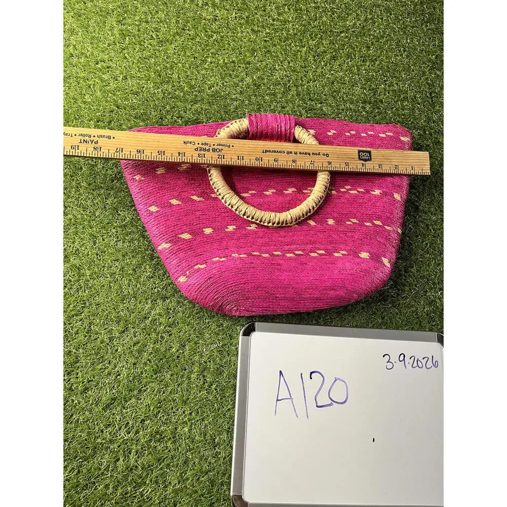 Pink Straw Handbag with Circular Handles‎ Beach Coastal Summer Spring